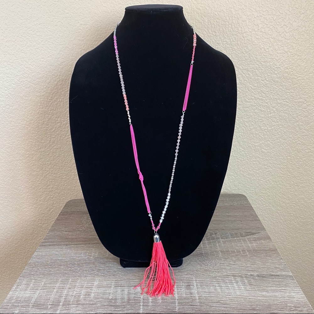 NWOT PInk Bead Tassel Protection CharmLongNecklace
